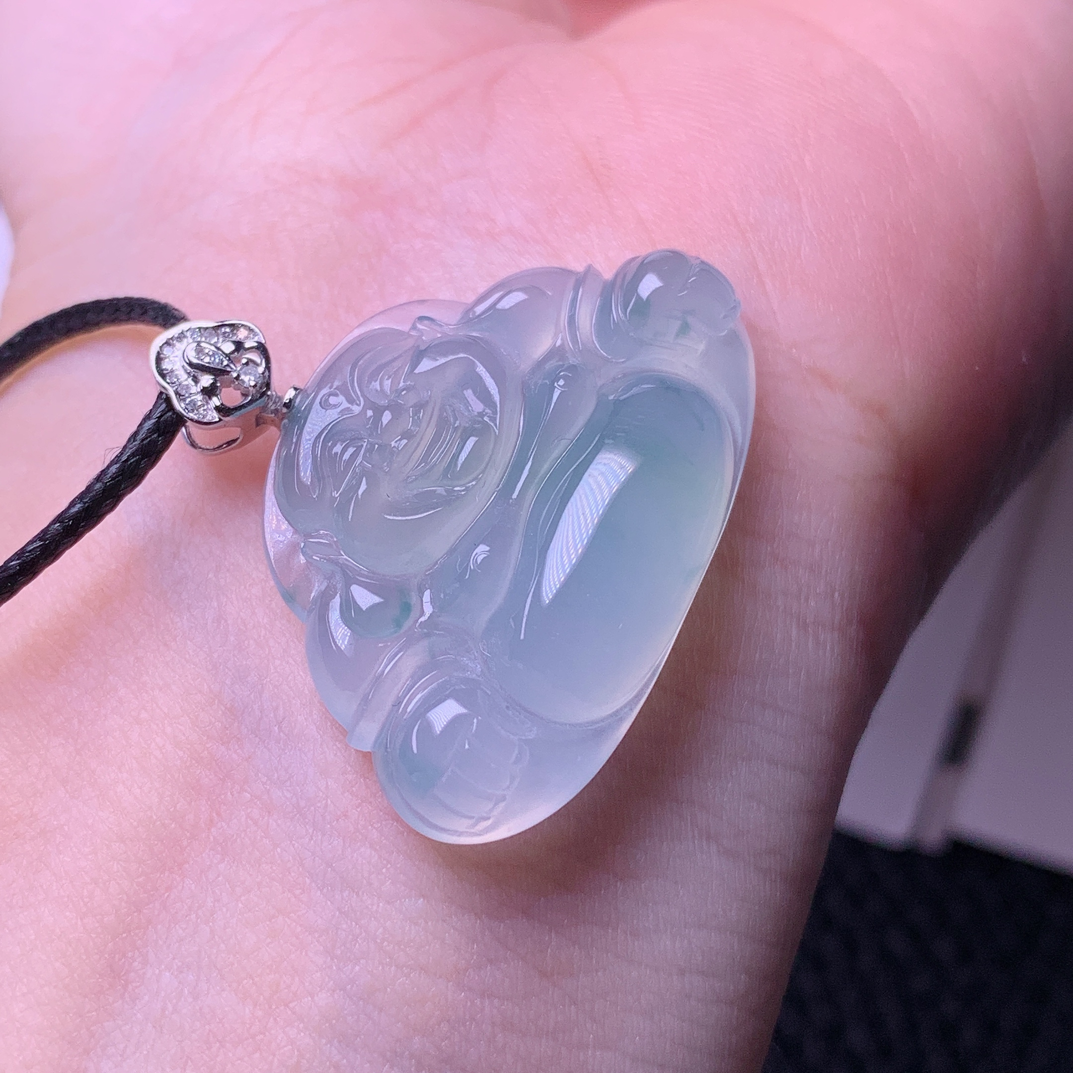 天然缅甸a货翡翠冰蓝紫飘花佛公一刀切玉吊坠18k金扣20/30/6