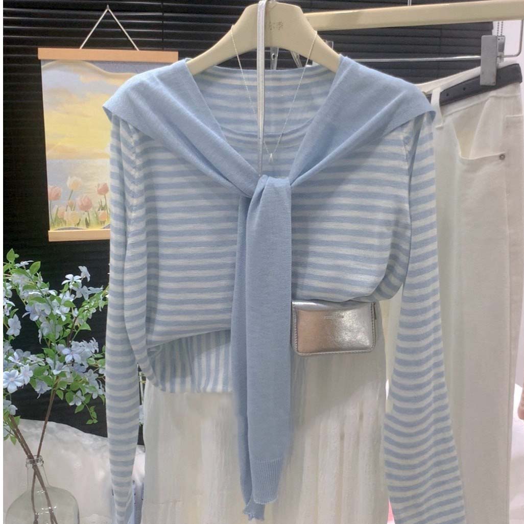 2025春秋新款凉凉感小清新披肩两件套针织衫女宽松百搭条纹上衣