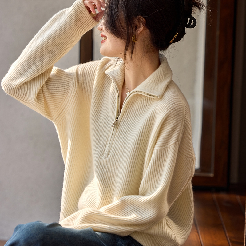 纯山羊绒女士半高领套头拉链宽松型针织衫