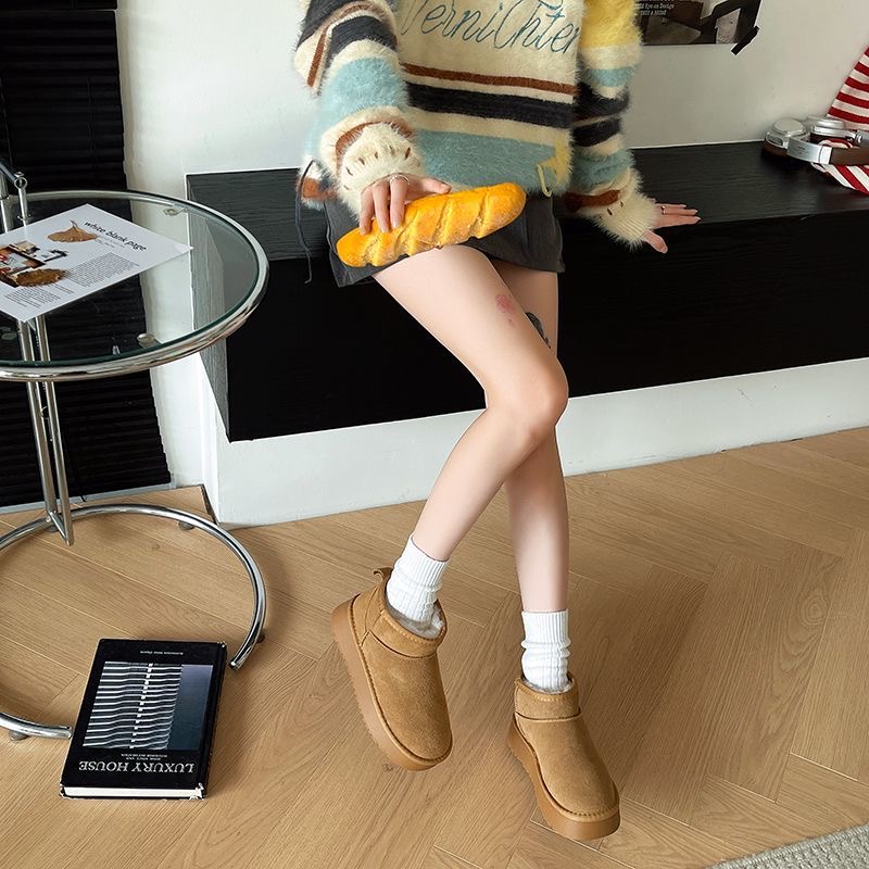 冬季女鞋桑坡加绒女鞋雪地靴冬新款羊皮毛百搭一体厚底一脚蹬