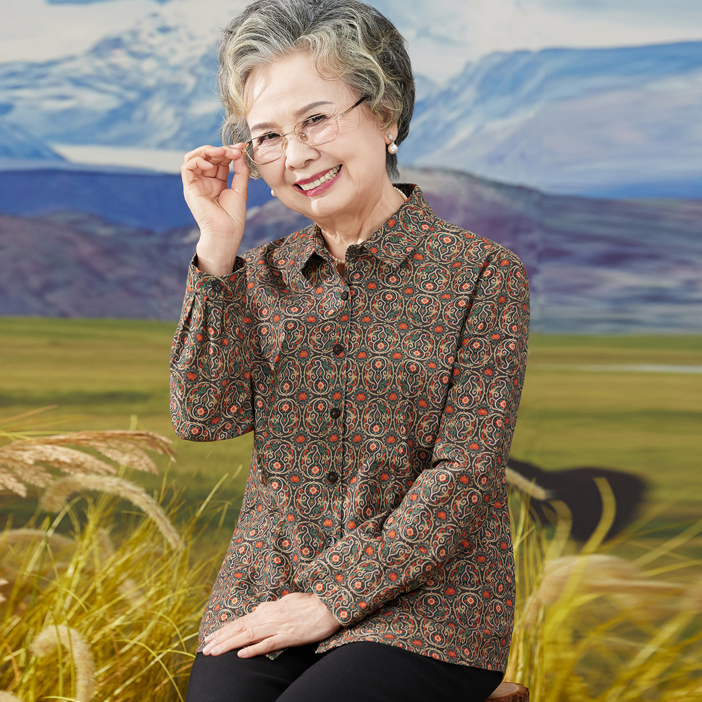 妈妈秋装长袖纯棉衬衫奶奶全棉上衣中老年人女装春秋洋气翻领衬衣