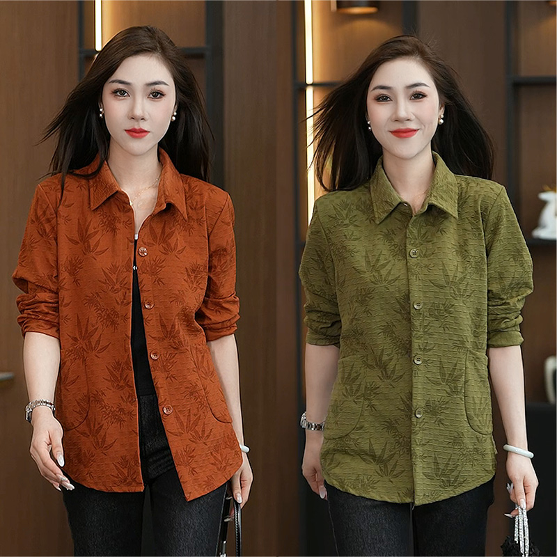 口袋厚款中老年女装薄款POLO领春秋大码衬衫衬衣复古宽松纽扣外套