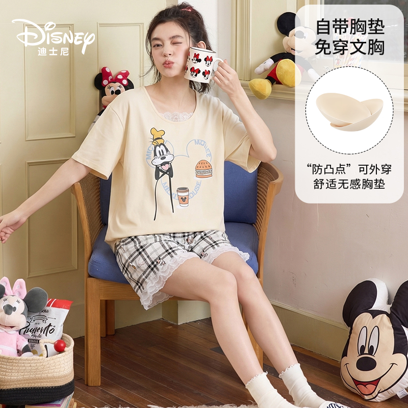 Disney迪士尼夏季新款短袖短裤纯棉带胸垫卡通格子外穿家居服0330