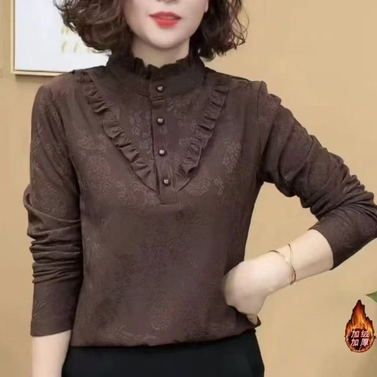 2025新款时尚洋气长袖花纹打底显瘦修身气质女士上衣保暖加绒外穿