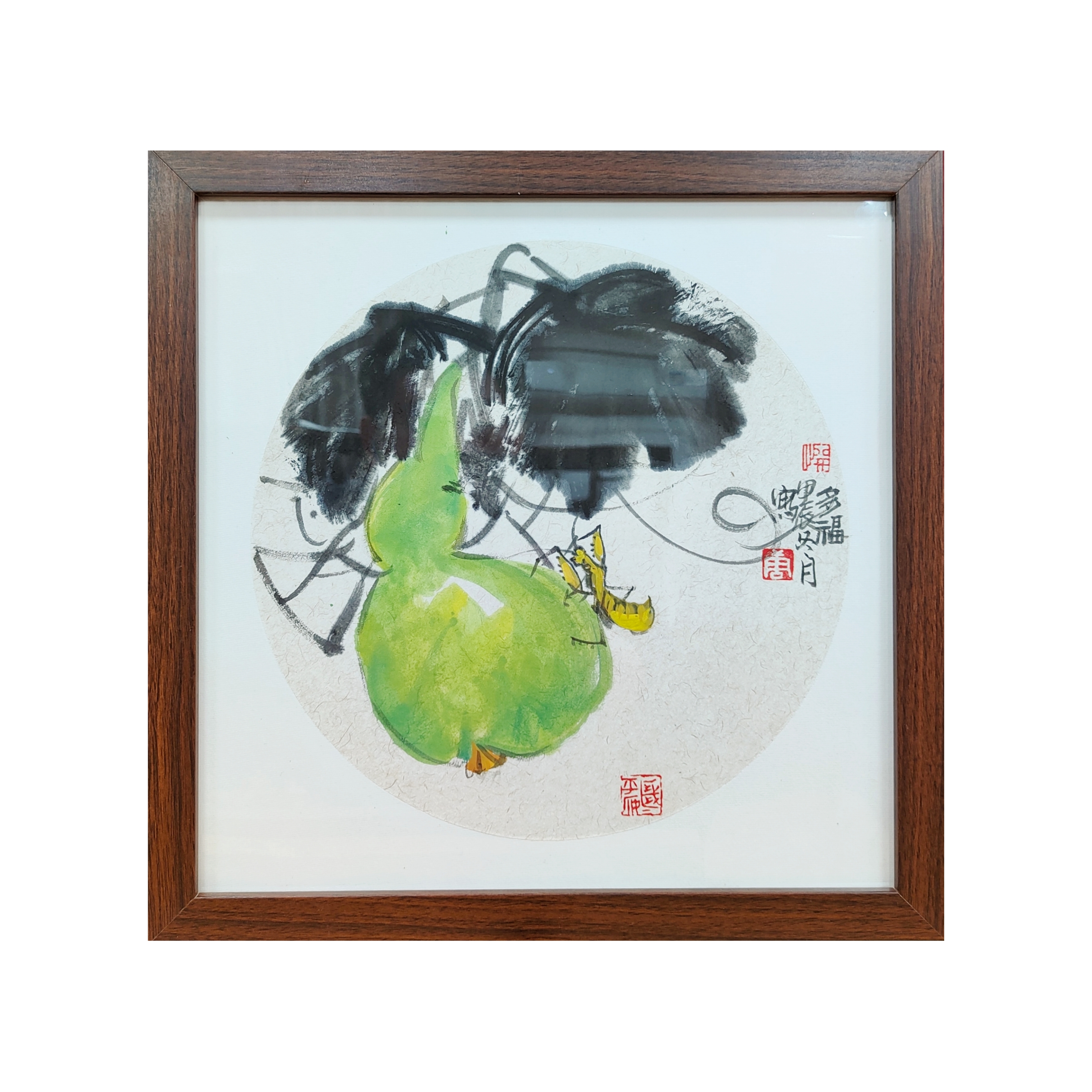 绿葫芦 螳螂 带框 省美协 唐继亮 国画 花鸟画 写意画 文创