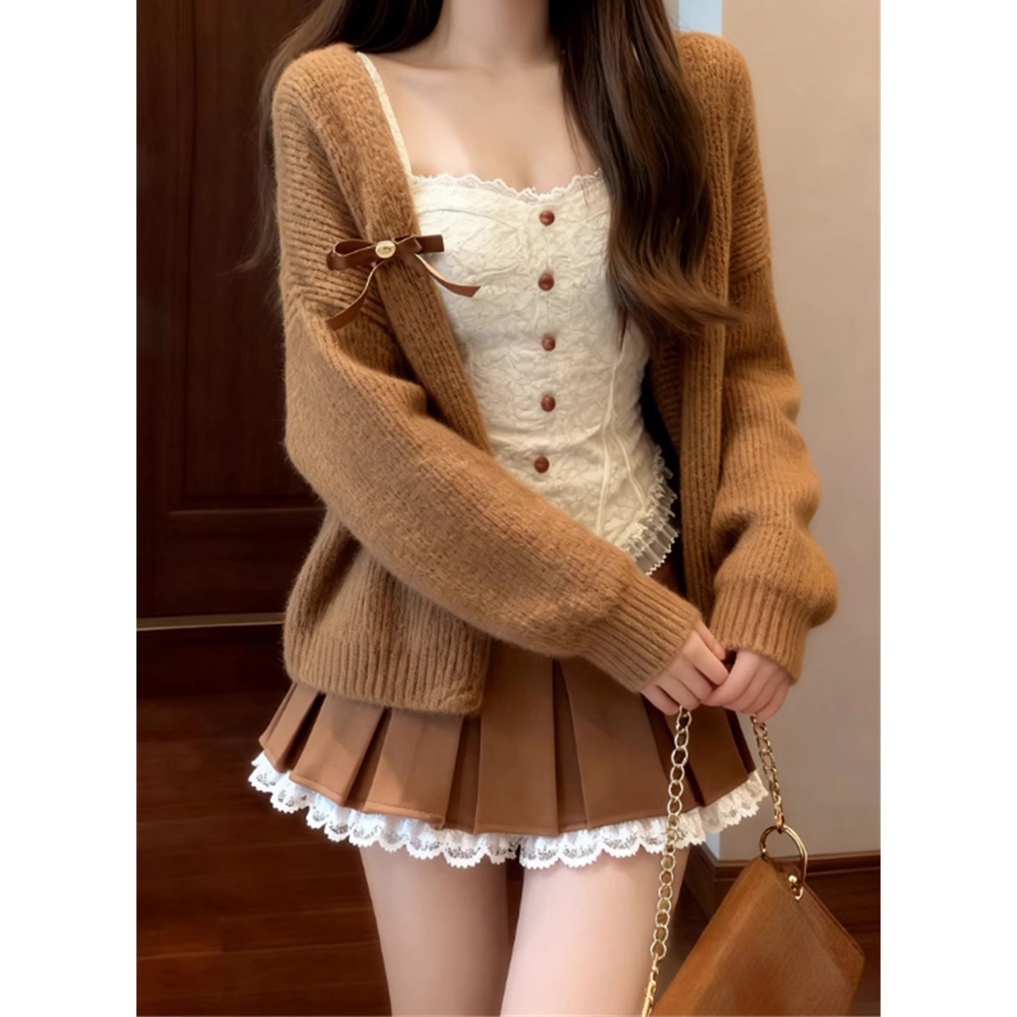 漂亮韩系小套装温柔蕾丝吊带百褶裙学院风两件套秋冬