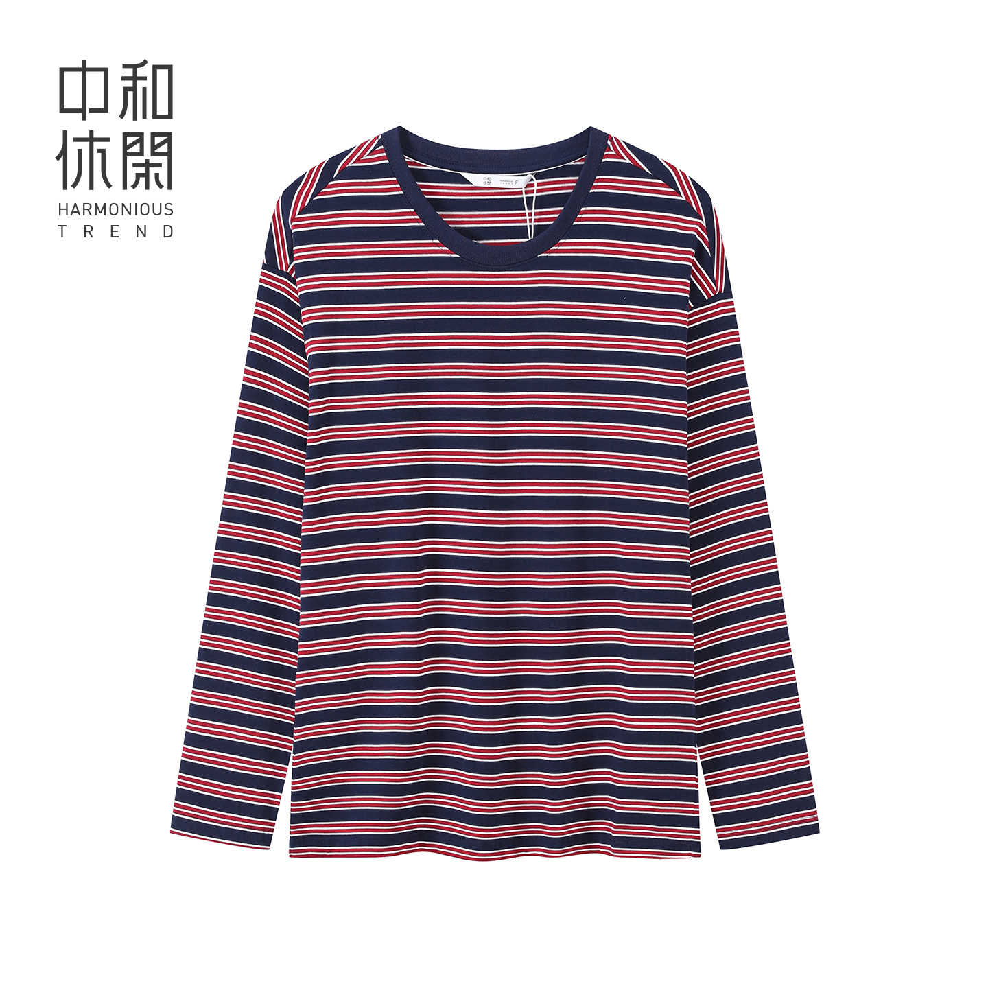 中和休闲女装慵懒宽松圆领长袖t恤26春季新款条纹打底衫I61136121