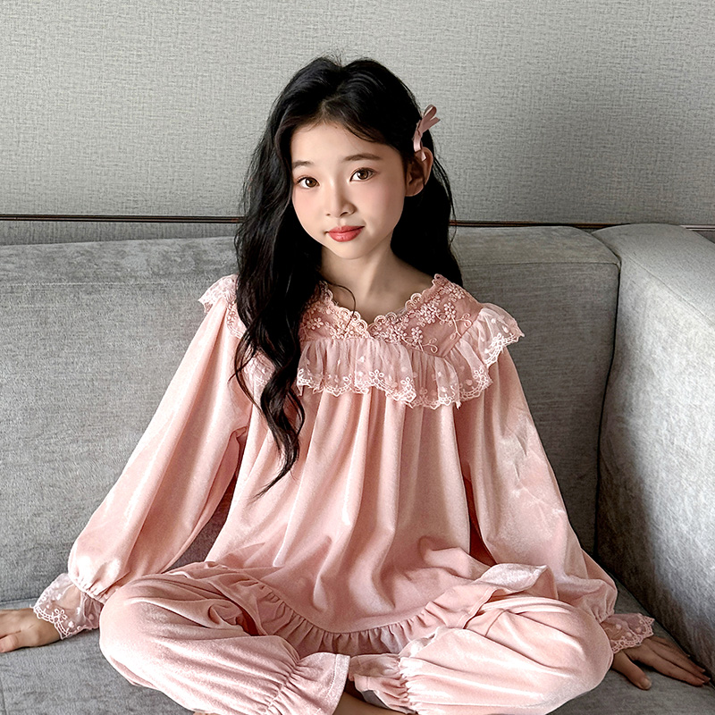 儿童秋款睡衣女童薄款套装中大童家居服春秋金丝绒两件套装空调服