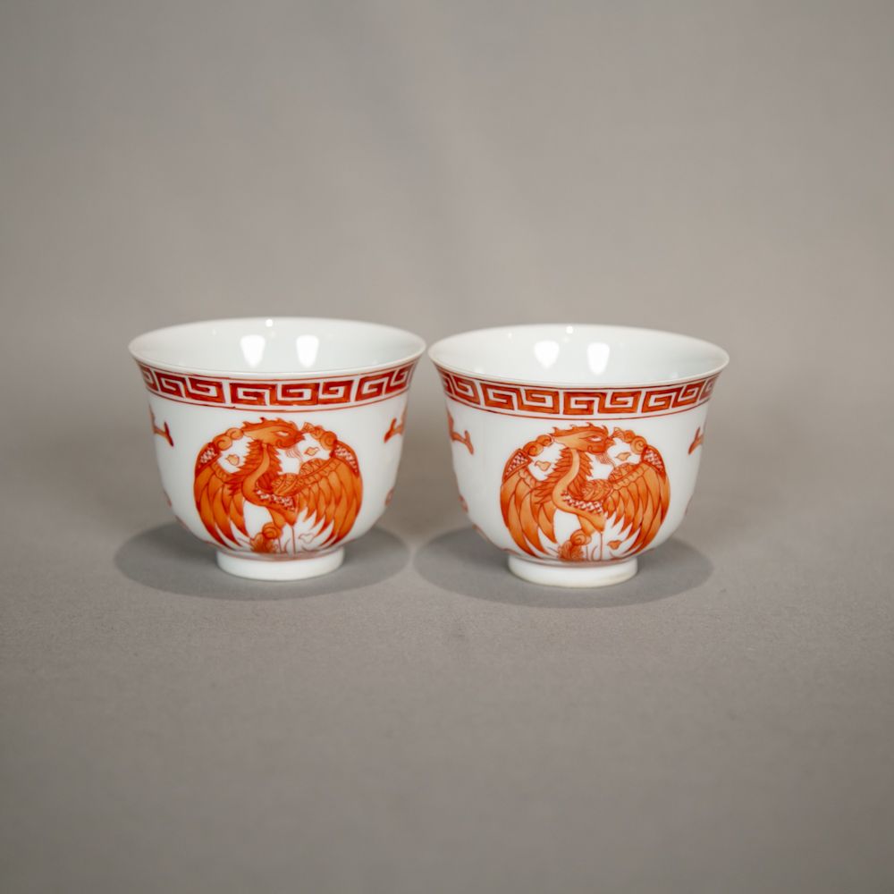 矾红凤纹杯一对A6-252