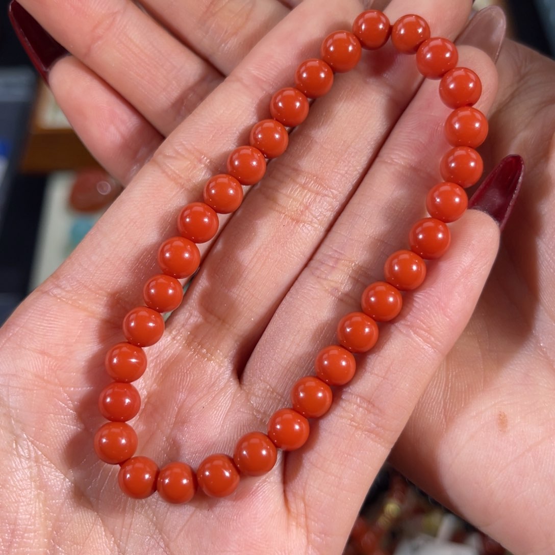 南红玛瑙老南红圆珠单圈6.4mm未镶嵌A****_