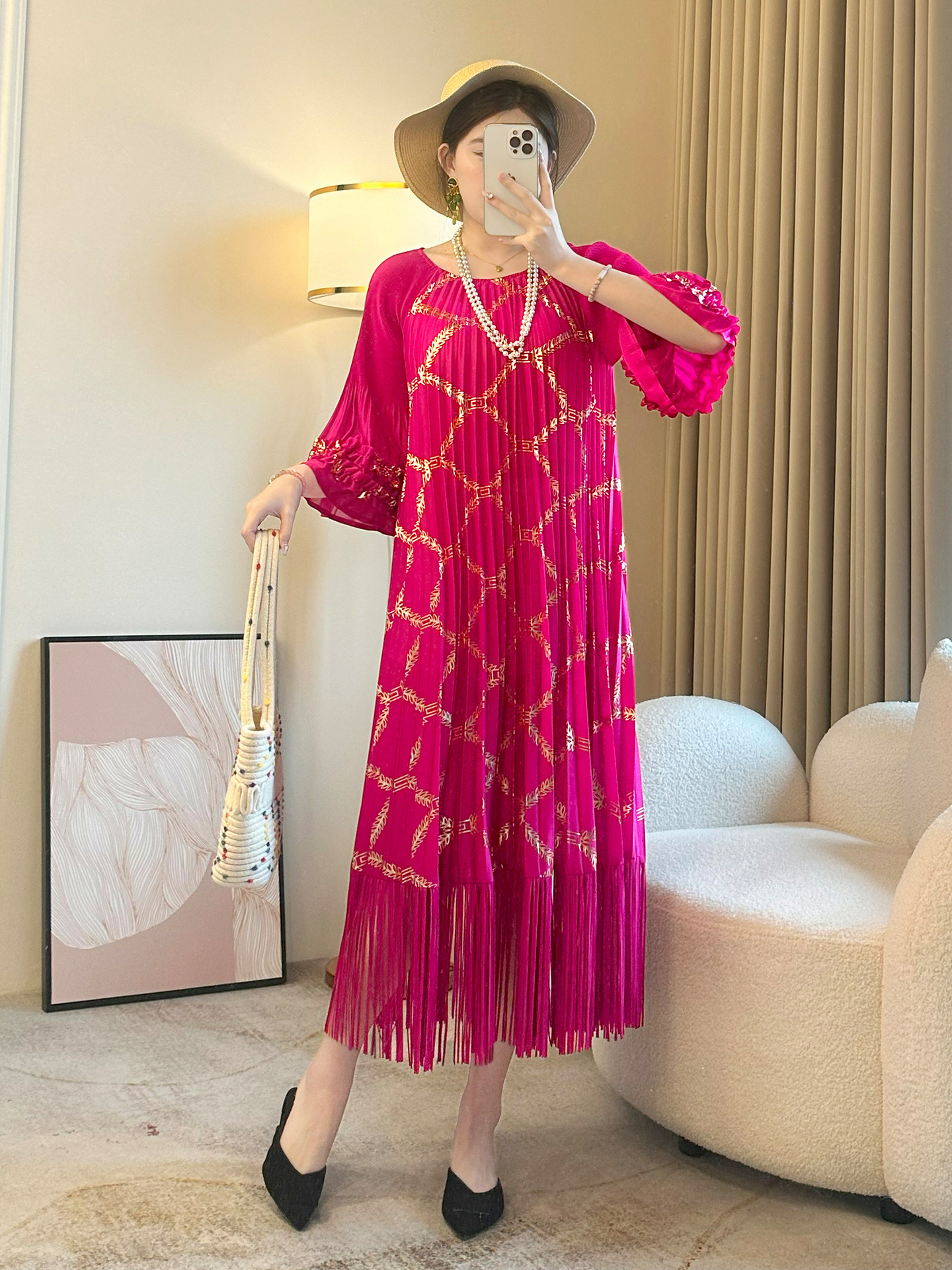 2025春夏新款轻奢烫金洋气时尚减龄宽松胖mm大码连衣裙女褶皱长裙