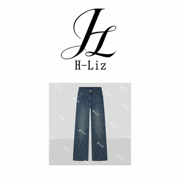【H-Liz】网格纹提花烫钻牛仔裤美式复古高腰显瘦宽松直筒裤25682