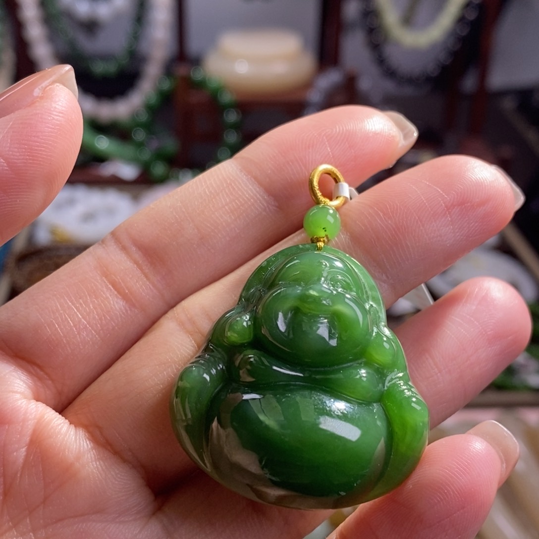 和田玉孤品福利老矿料碧玉阳绿18.k佛公未镶嵌