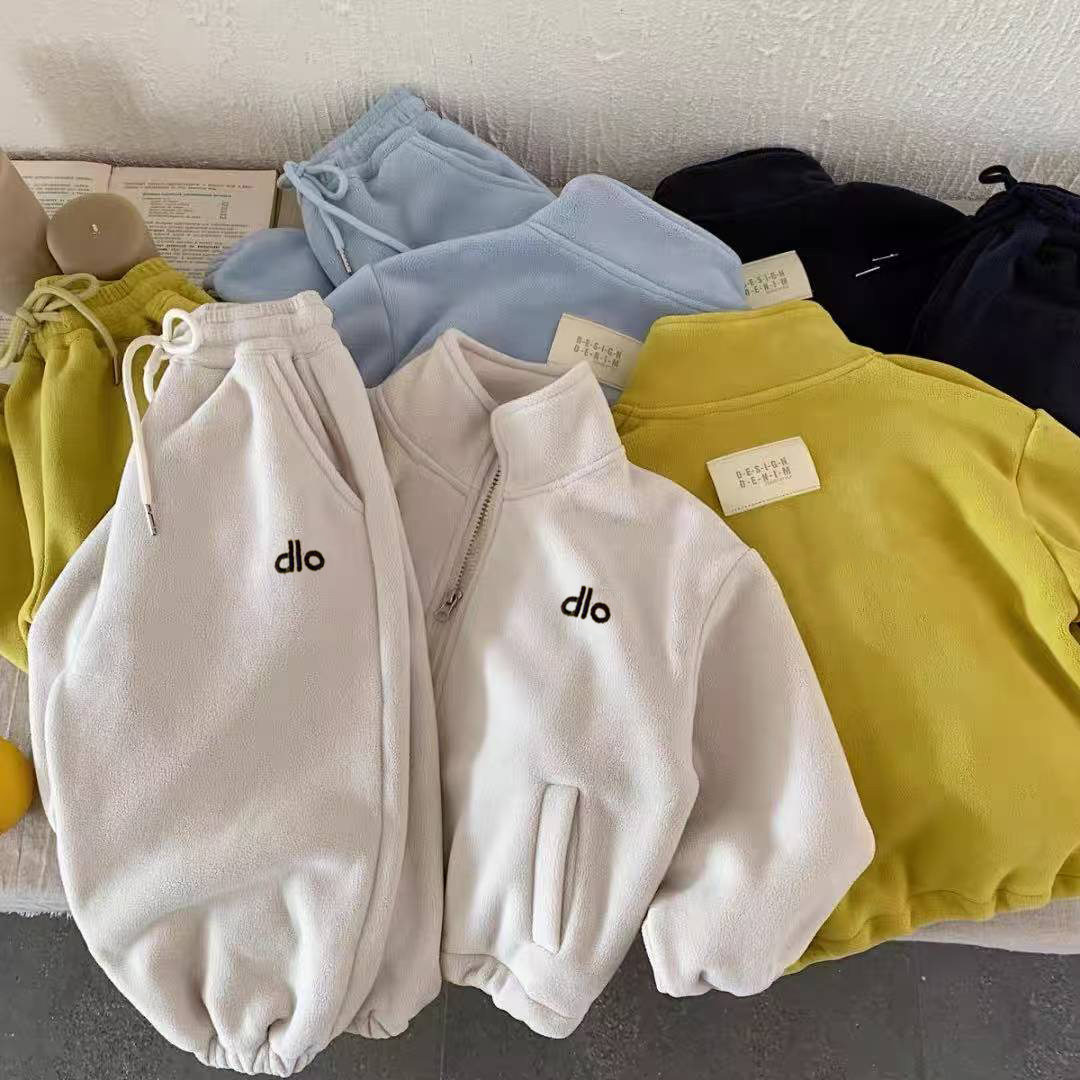 儿童卫衣套装秋冬男女童卫裤洋气软宝宝纯色开衫外套两件套双面绒