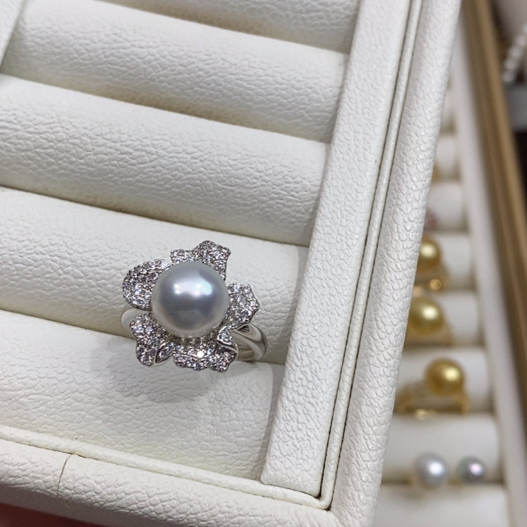 海水珍珠戒指银S925镶嵌9-10近圆宝石光