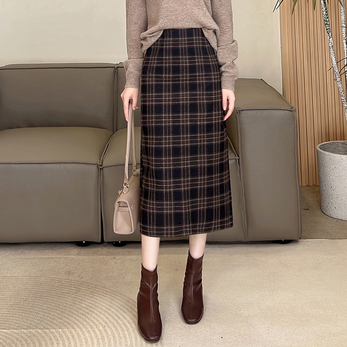 羊毛格子半身裙女冬季新款中长款复古格纹高腰显瘦毛呢a字裙19386
