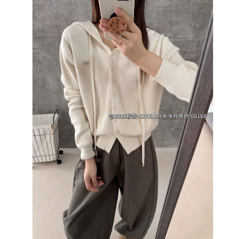 【米白色】3909开衫外套帽衫超柔软毛衣高品质针织上衣