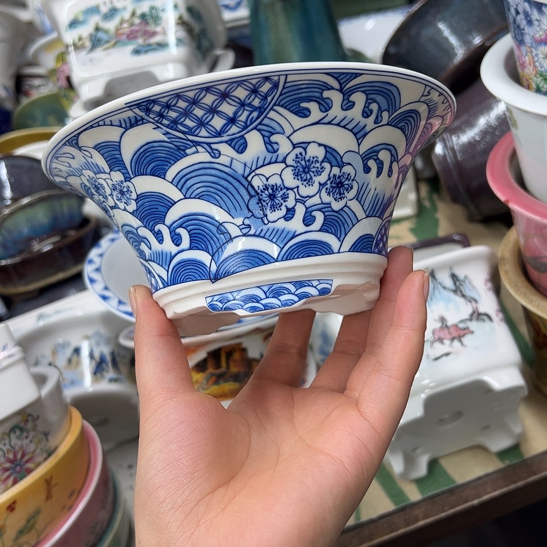 花盆紫砂782号瑕疵17/7cm仿手绘海浪花纹