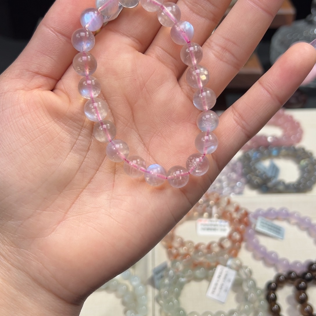 月光石手串未镶嵌印度冰种橘粉月光9.3mm