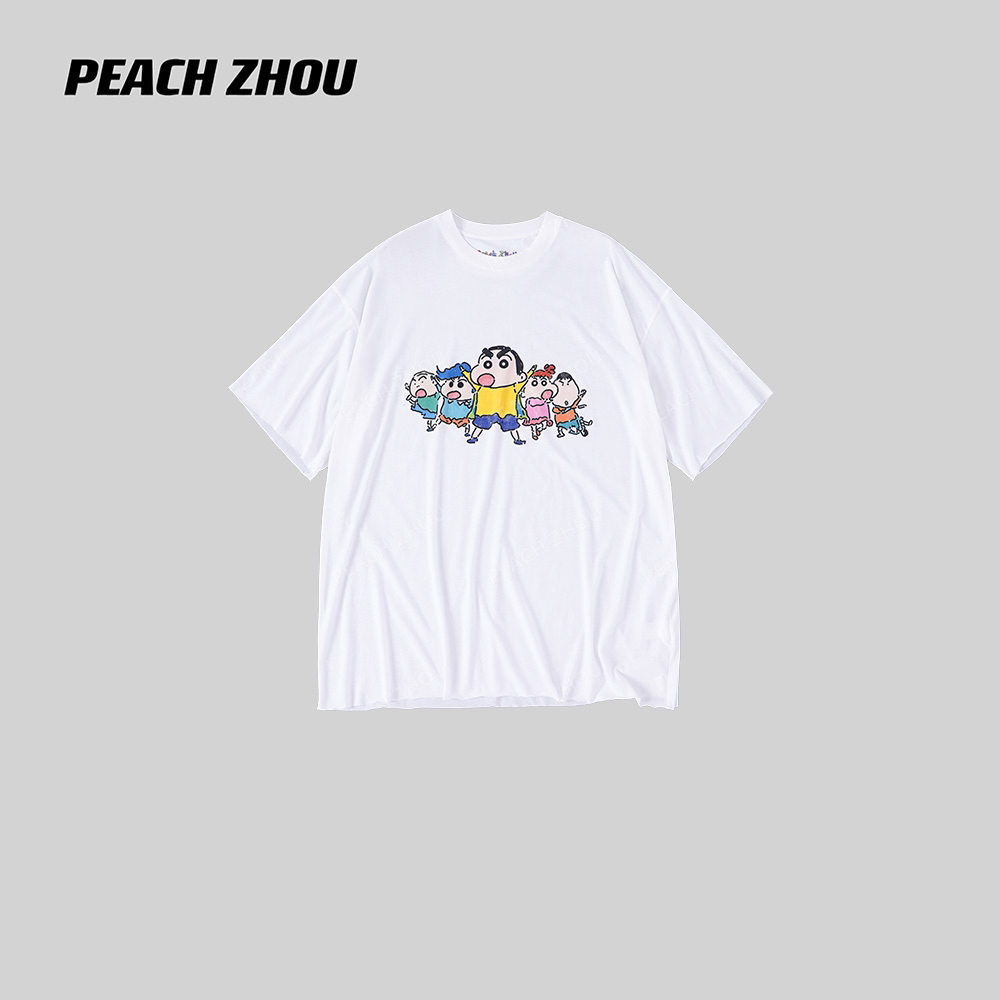 PEACHZHOU 纯棉蜡笔小新做旧印花散边宽松落肩圆领短袖男女款T恤