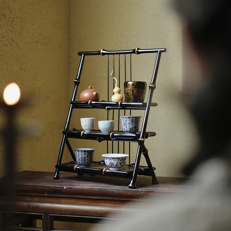 筇竹茶架 桌面收纳茶道博古架摆件茶杯架子茶具收纳置物架