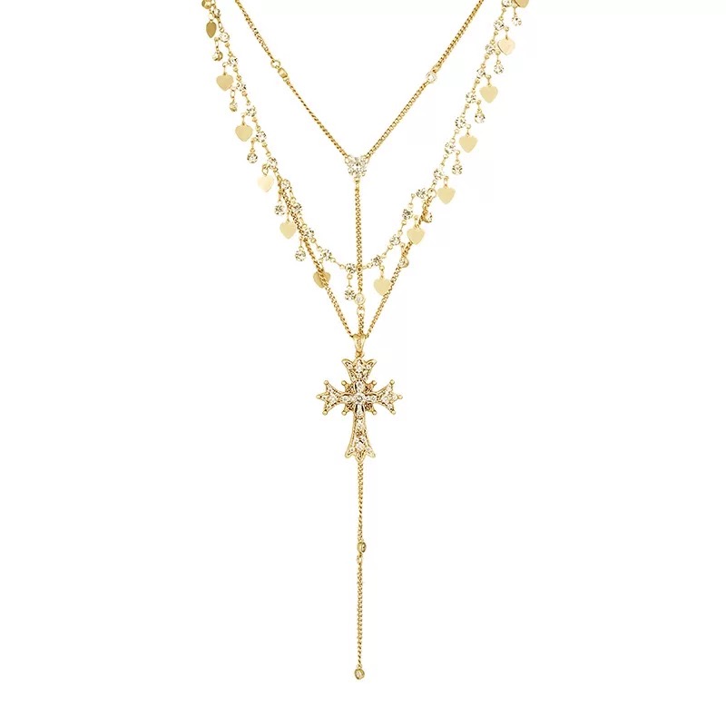 合金项链 小众复古洛克风双层叠戴十字架项链