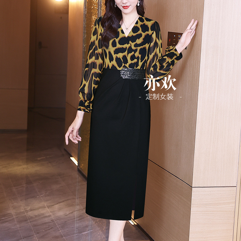 时尚修身拼接V领豹纹连衣裙裙子女神职业长袖名媛气质显瘦25003