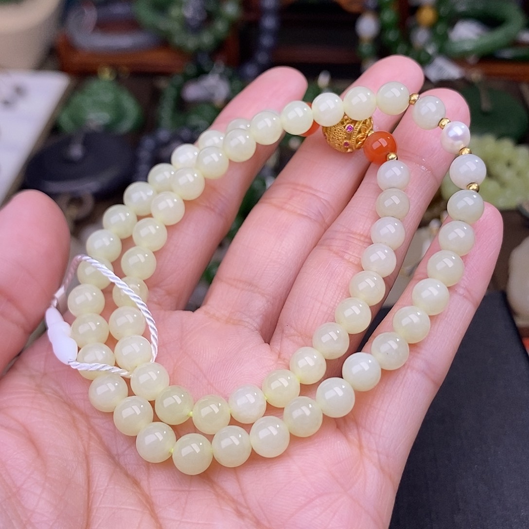 和田玉黄口手链清货价约6MM未镶嵌