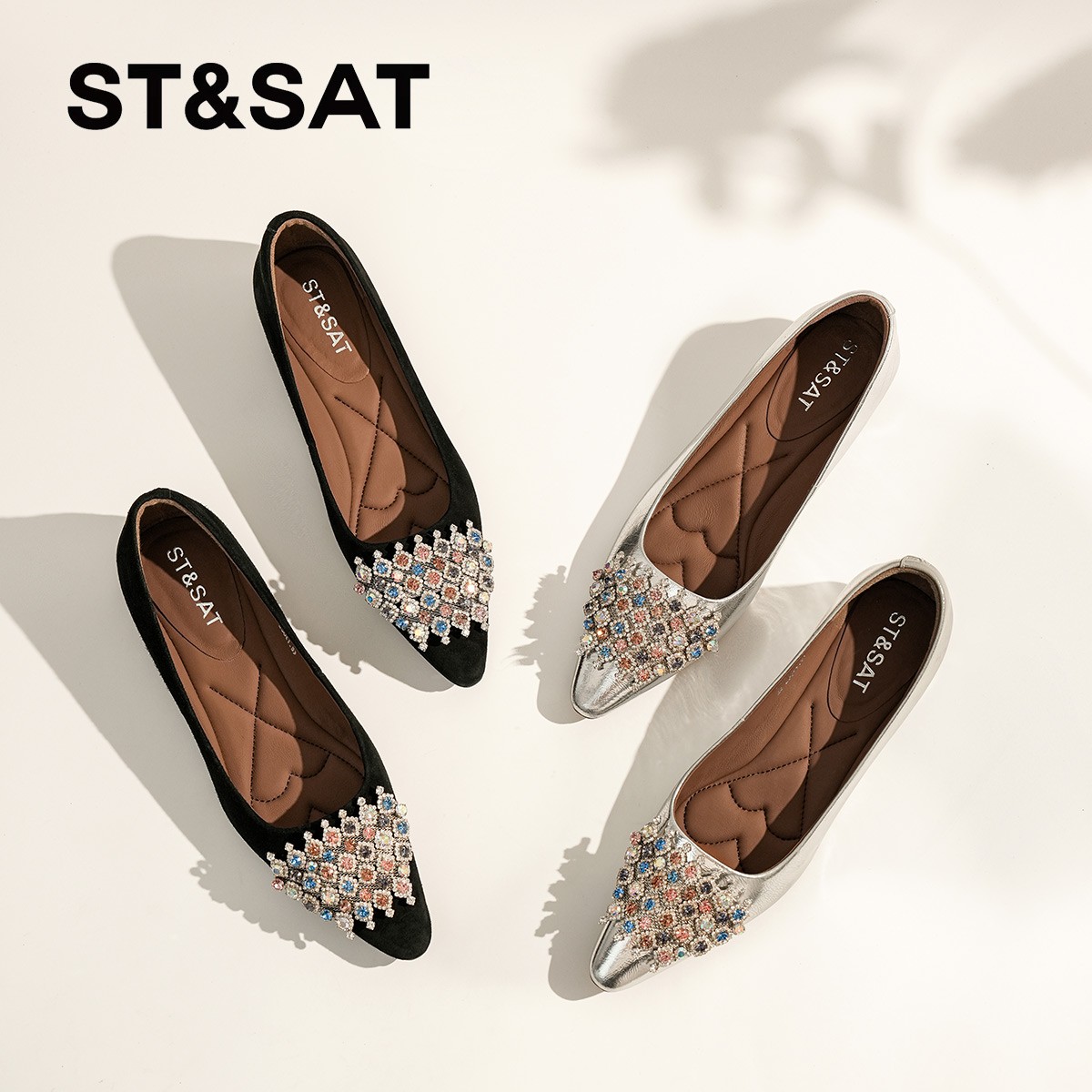 St&Sat/星期六百搭坡跟水钻透气尖头单鞋舒适浅口时尚跟鞋软底