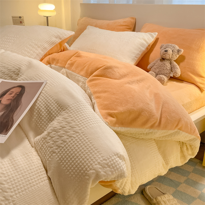 2025新款加绒高克重牛奶绒纯色双拼床单被套床上四件套加厚双面绒