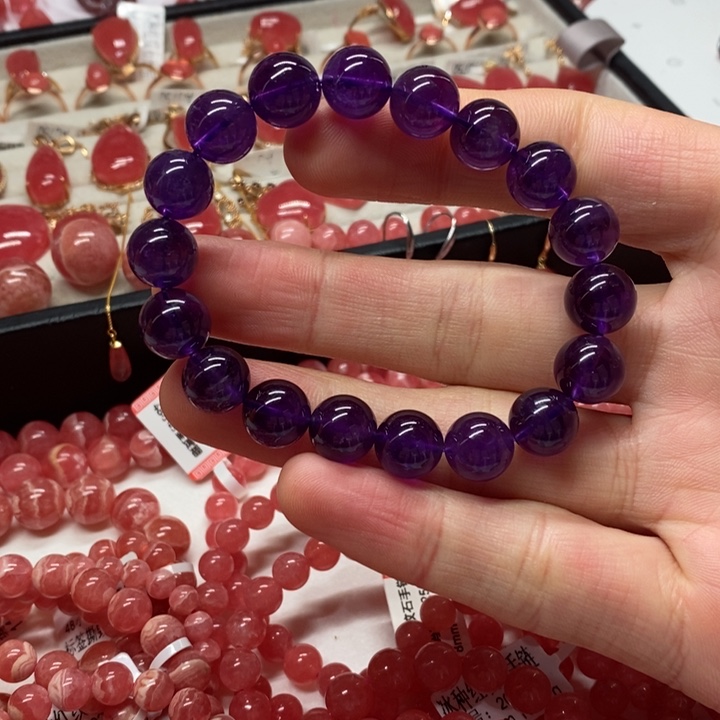 菱锰矿（红纹石）手链未镶嵌紫 晶11m