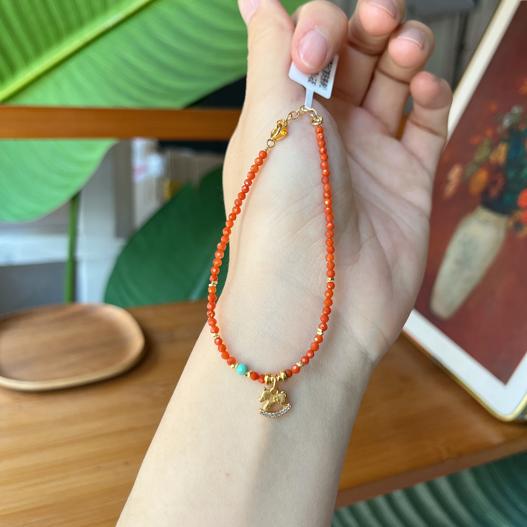 【郭老师】约2.5mm南红圆形切割珠搭绿松石切割珠S925银小马手链