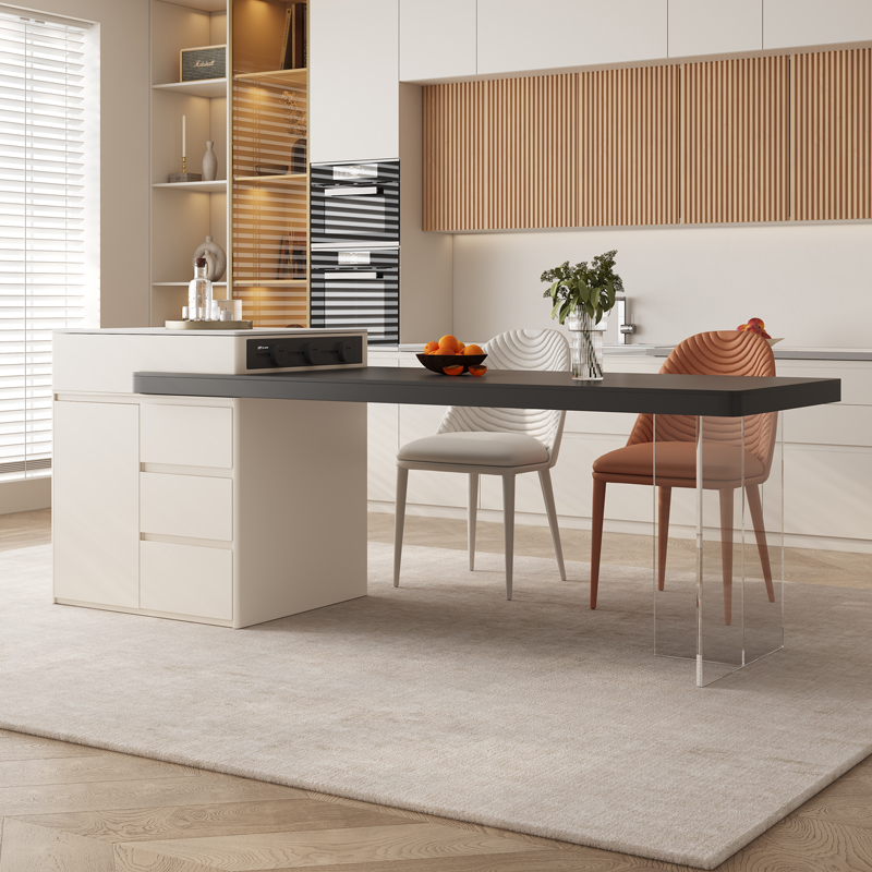 亚克力悬浮感岩板岛台餐桌伸缩一体黑白简约风百搭款储物家用饭桌