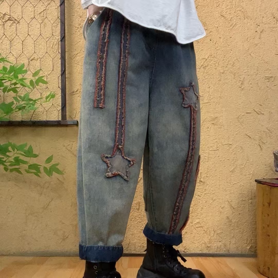 啵啵CM86189毛边星星百搭牛仔裤