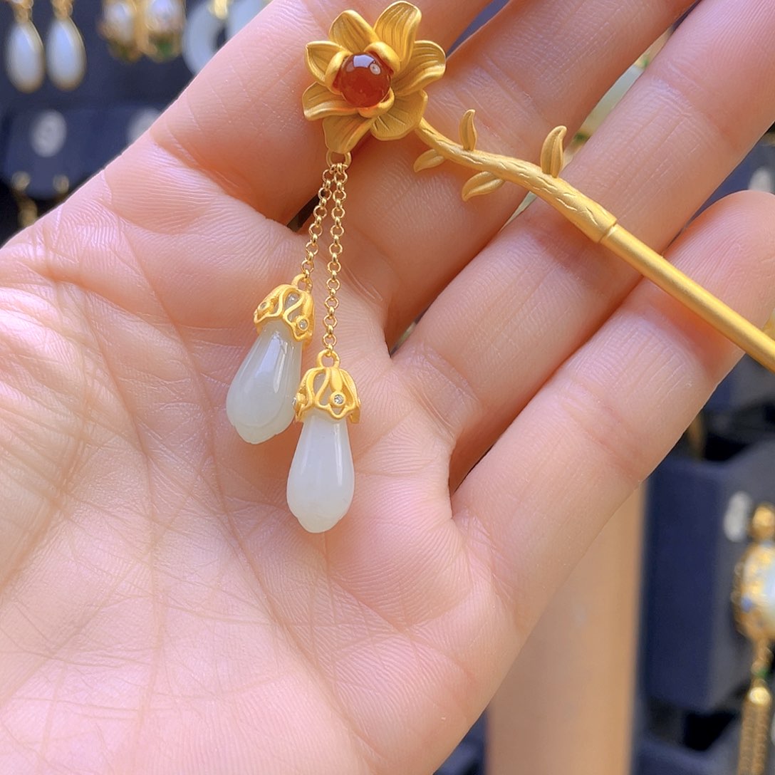 和田玉发饰银S925镀金镶嵌