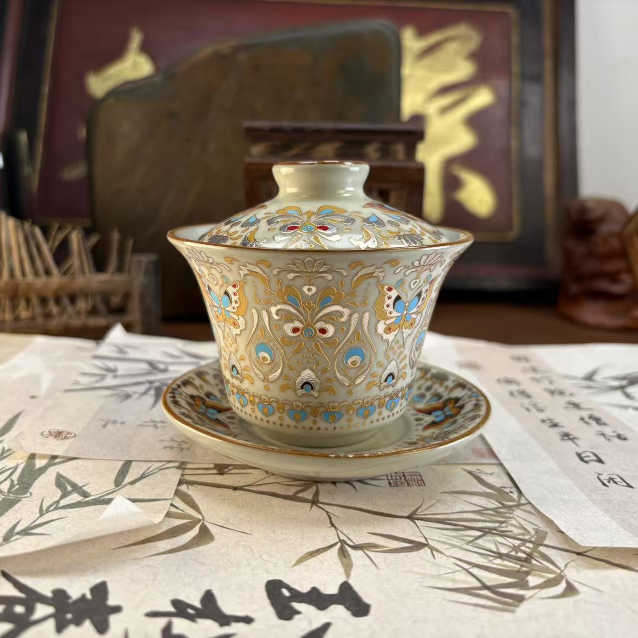 黄汝窑金银措蝴蝶三才盖碗-0066-直播专享