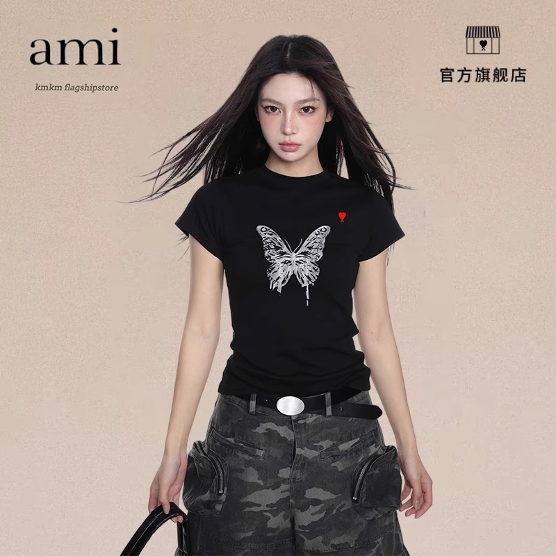 【小璐专属】正品AM I KMKM夏季女正肩T恤收腰蝴蝶修身小飞袖上衣潮