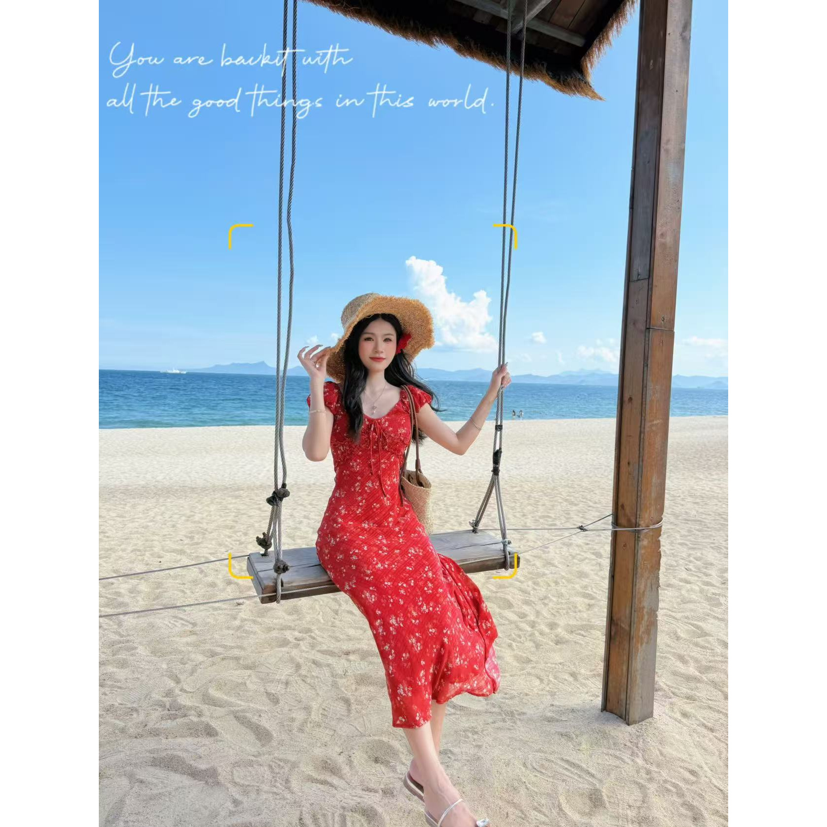 法式优雅碎花收腰夏季红色气质连衣裙