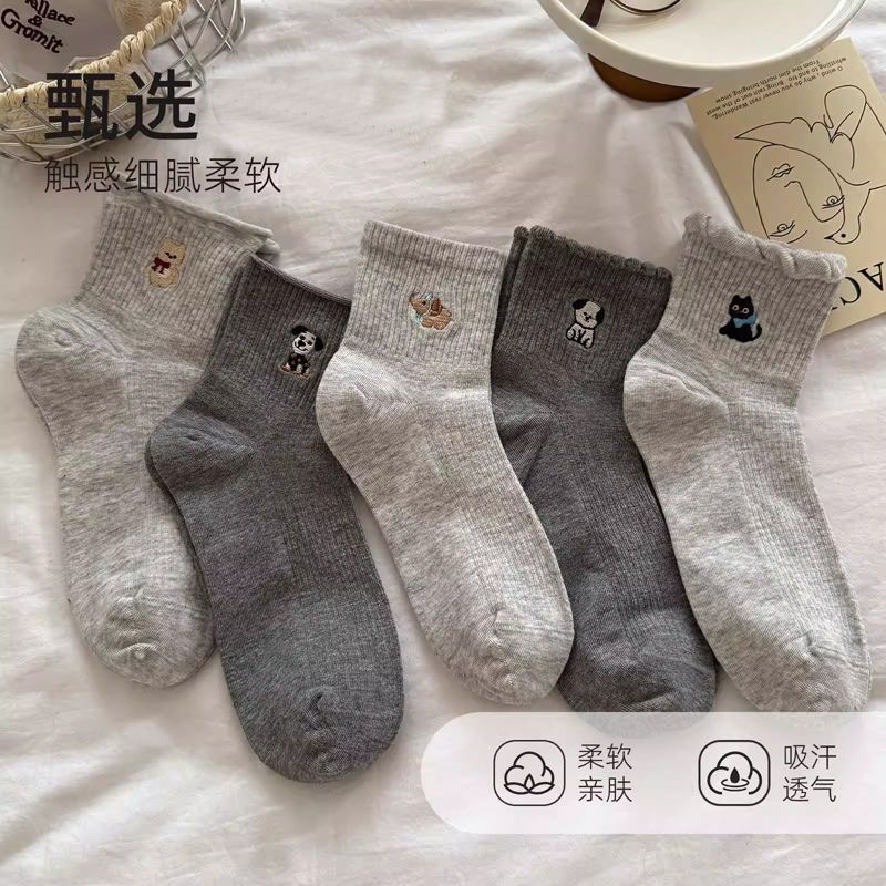 小猫袜子女款春夏季薄款可爱卡通纯色灰色中筒袜ins潮日系短袜女