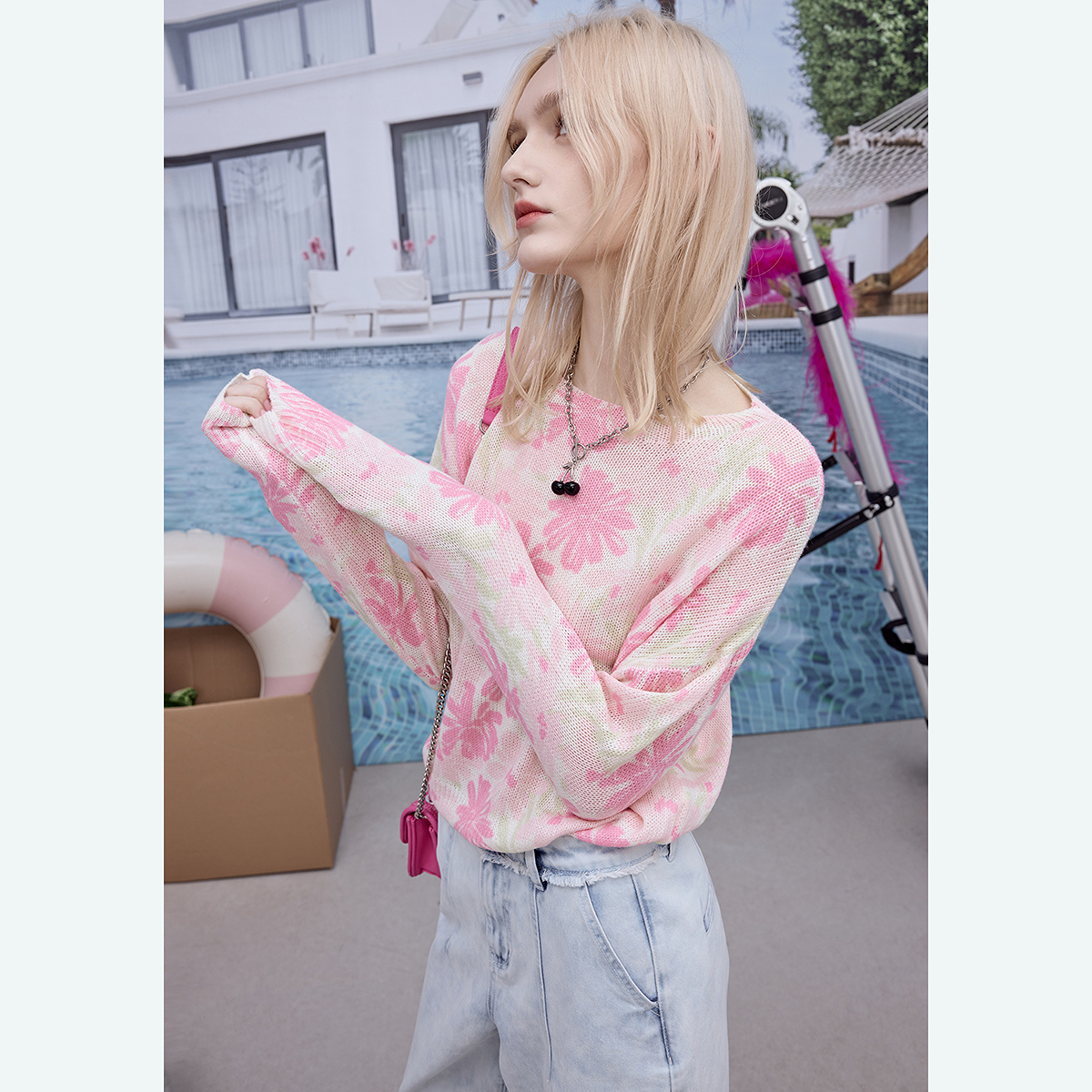 Juicy Couture橘滋【新款首发】花朵印花宽松圆领长袖针织衫女