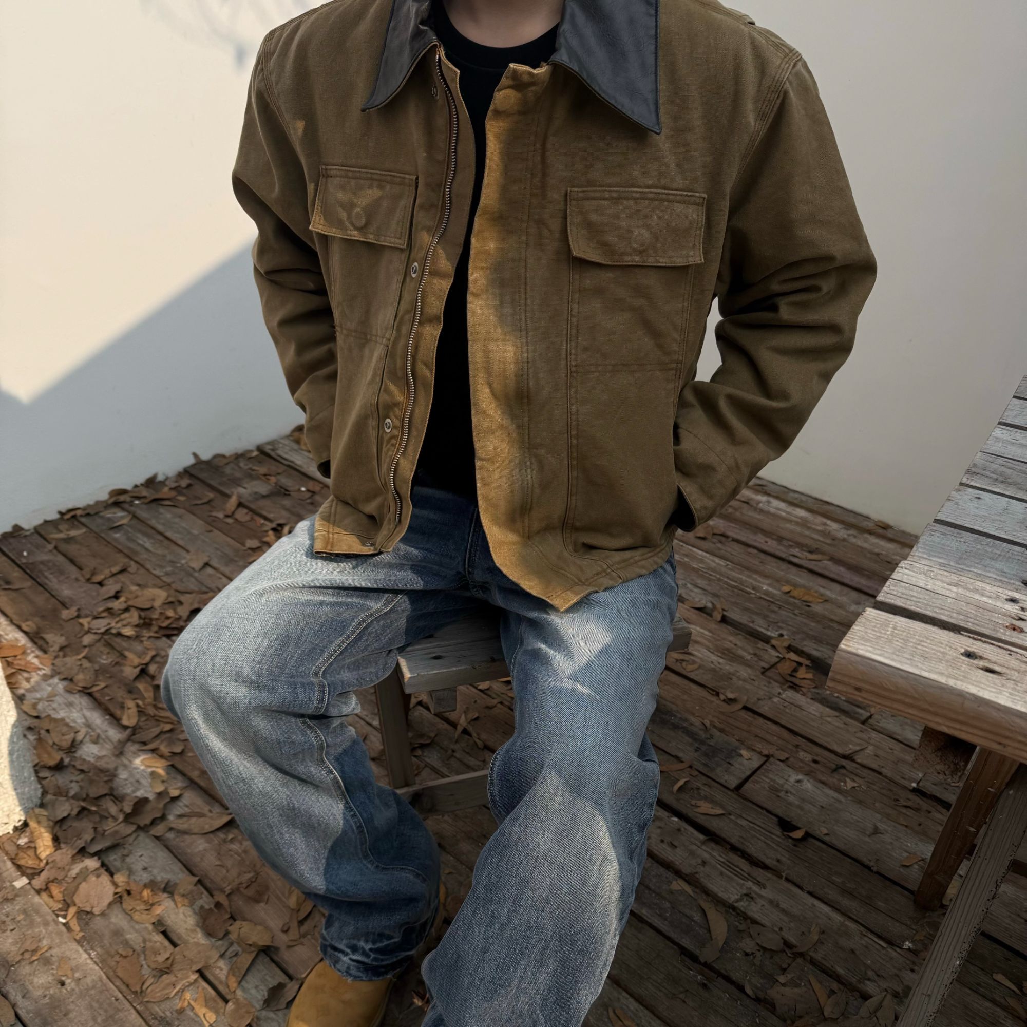 ''TZG''2025WM水洗做旧复古美式短款工装夹克翻领加棉加厚底特律