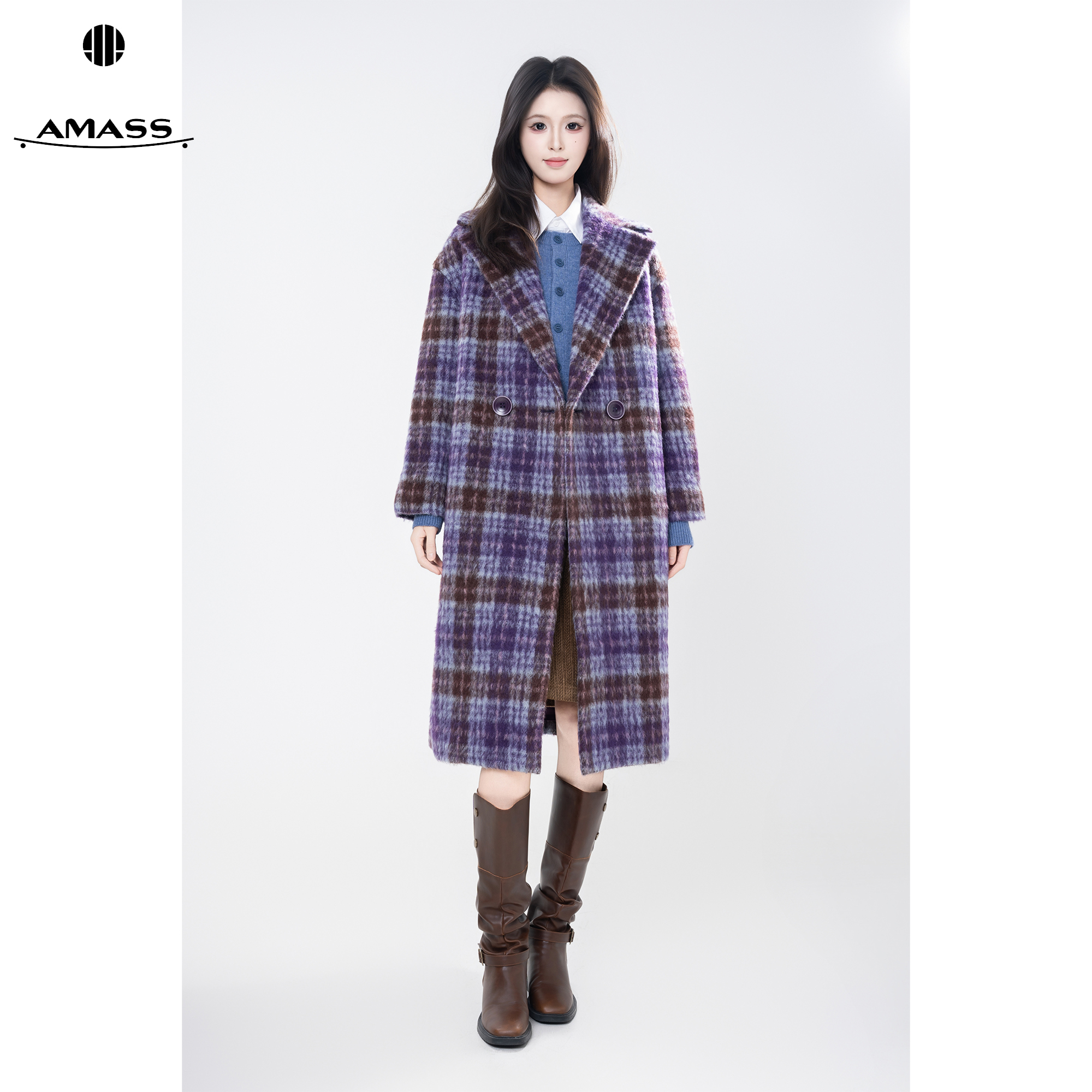 AMASS/阿玛施秋冬时尚紫色格纹复古翻领中长款毛呢大衣女 5400361