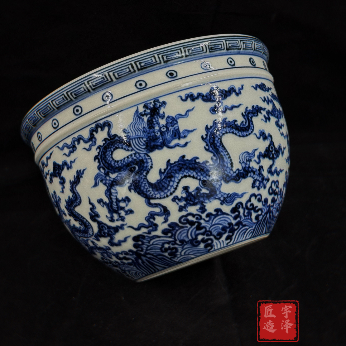 青花手绘五龙海水龙缸水洗 渣斗 水盂 景德镇高温柴窑青花瓷