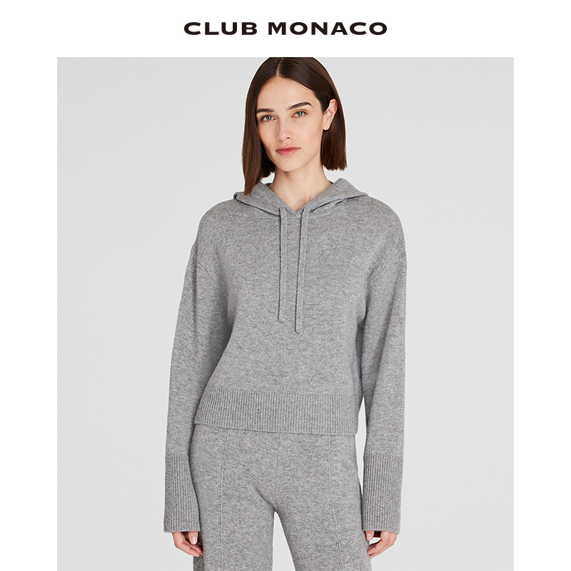 CLUB MONACO女装羊毛山羊绒条纹休闲慵懒连帽针织衫毛衣
