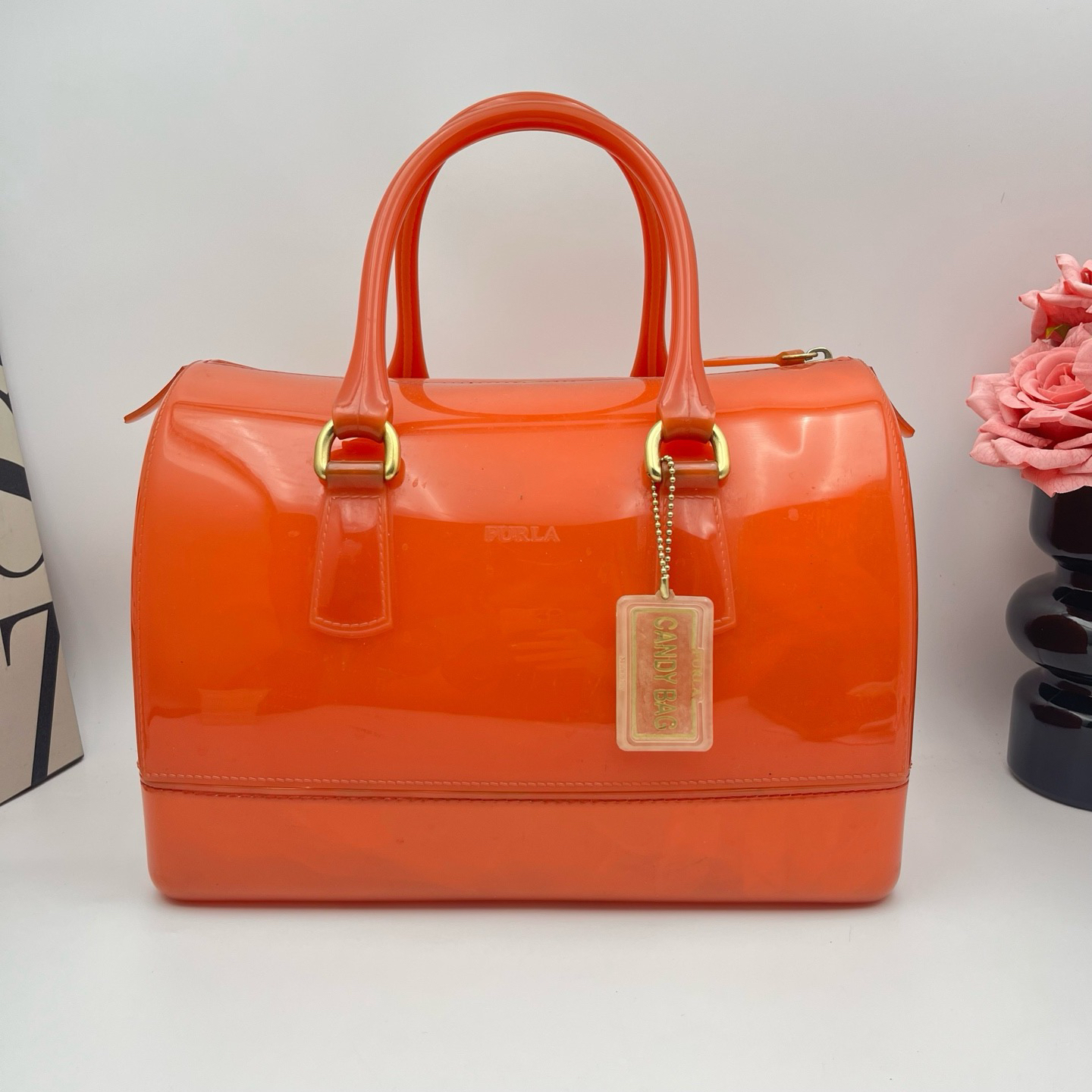 95新 FURLA/芙拉 芙拉/FURLA xy 9077橘色果冻波士顿手提包