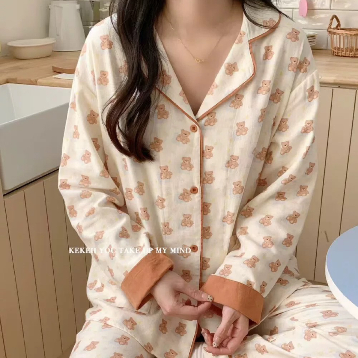 韩版高品质磨毛纯棉高级拼色睡衣女秋冬长袖长裤家居服宽松