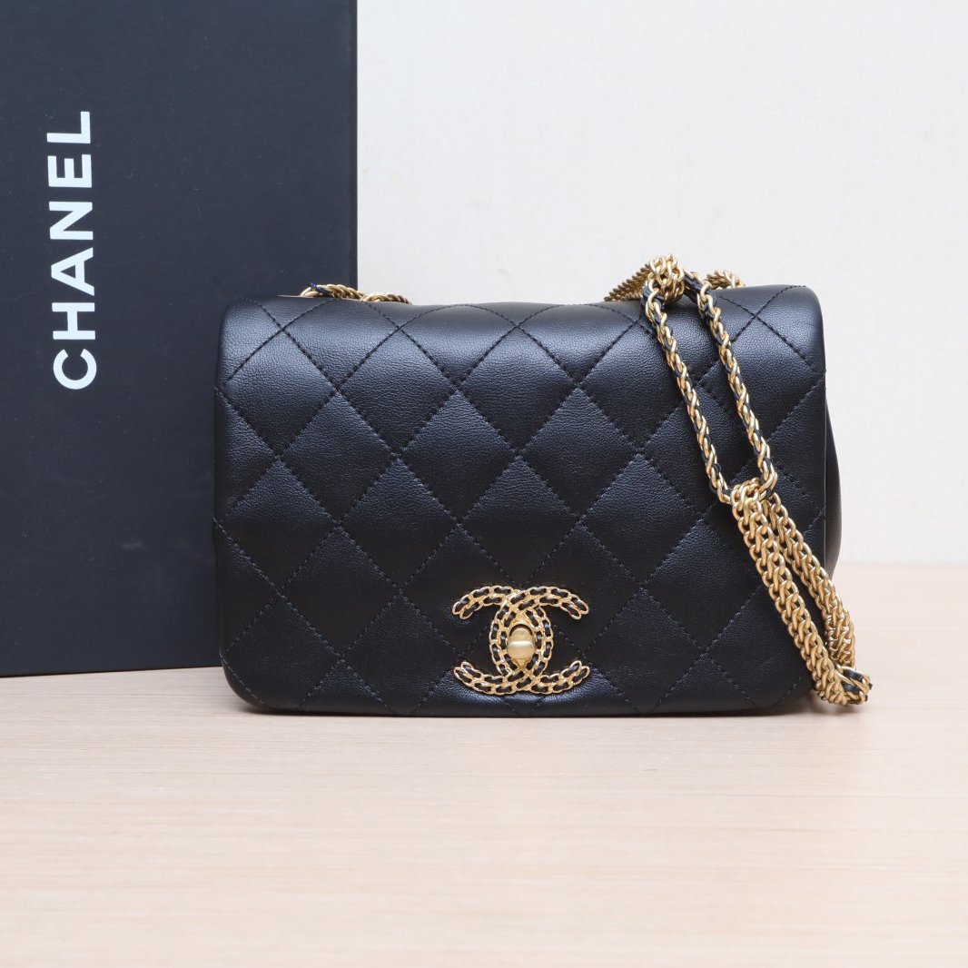 99新 Chanel/香奈儿 小花双双 22C CF 口盖包 黑色 皮革S 芯片开