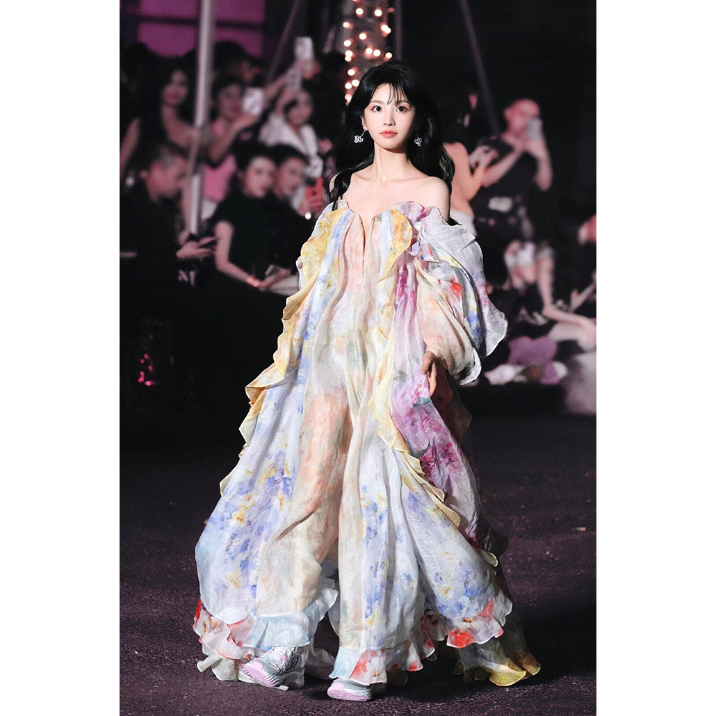 ZMM田曦薇同款高级法式碎花仙女度假抹胸露肩礼服连衣裙GZM9232