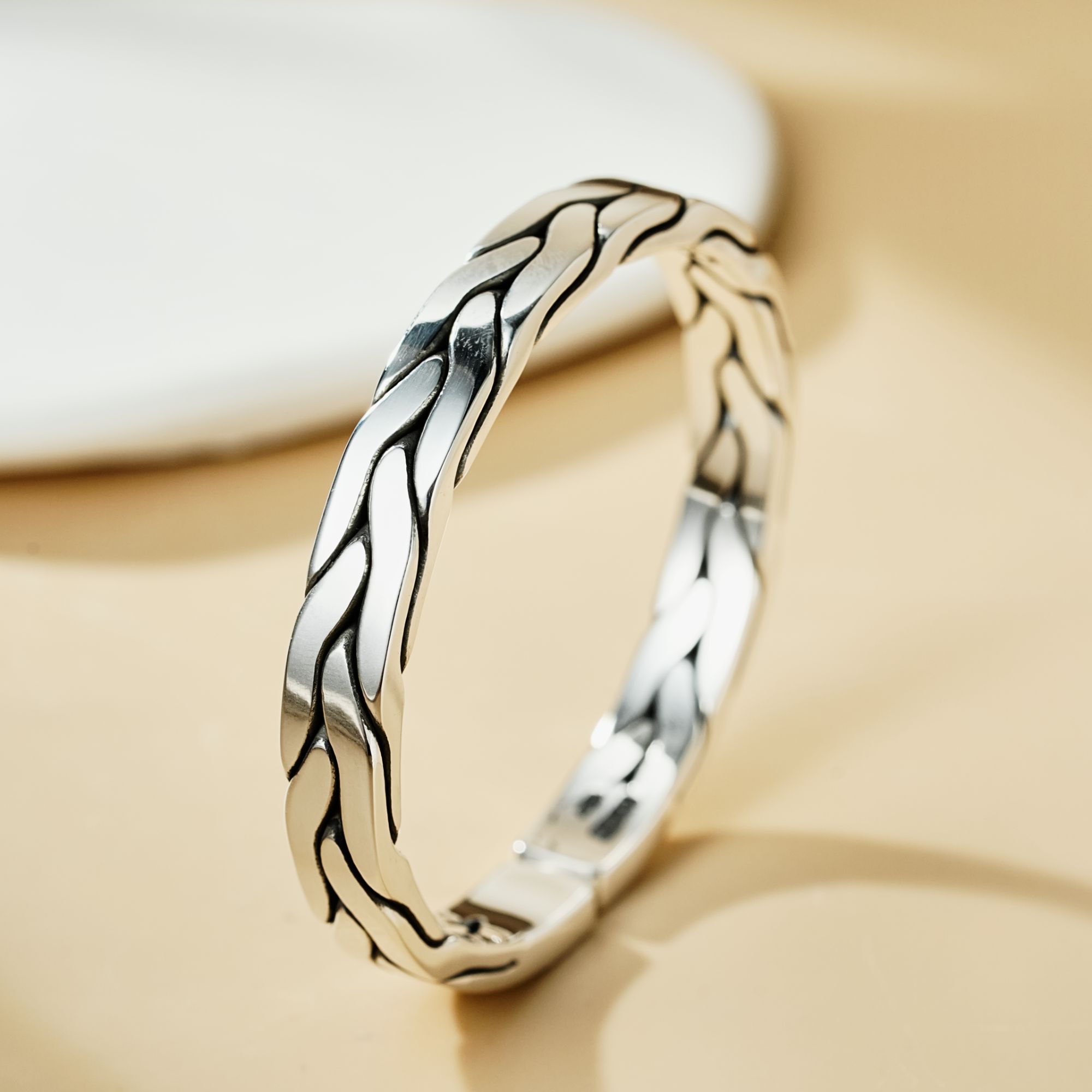 中国珠宝 足银手镯 999复古编织麻花银手镯男女士时尚个性银镯子