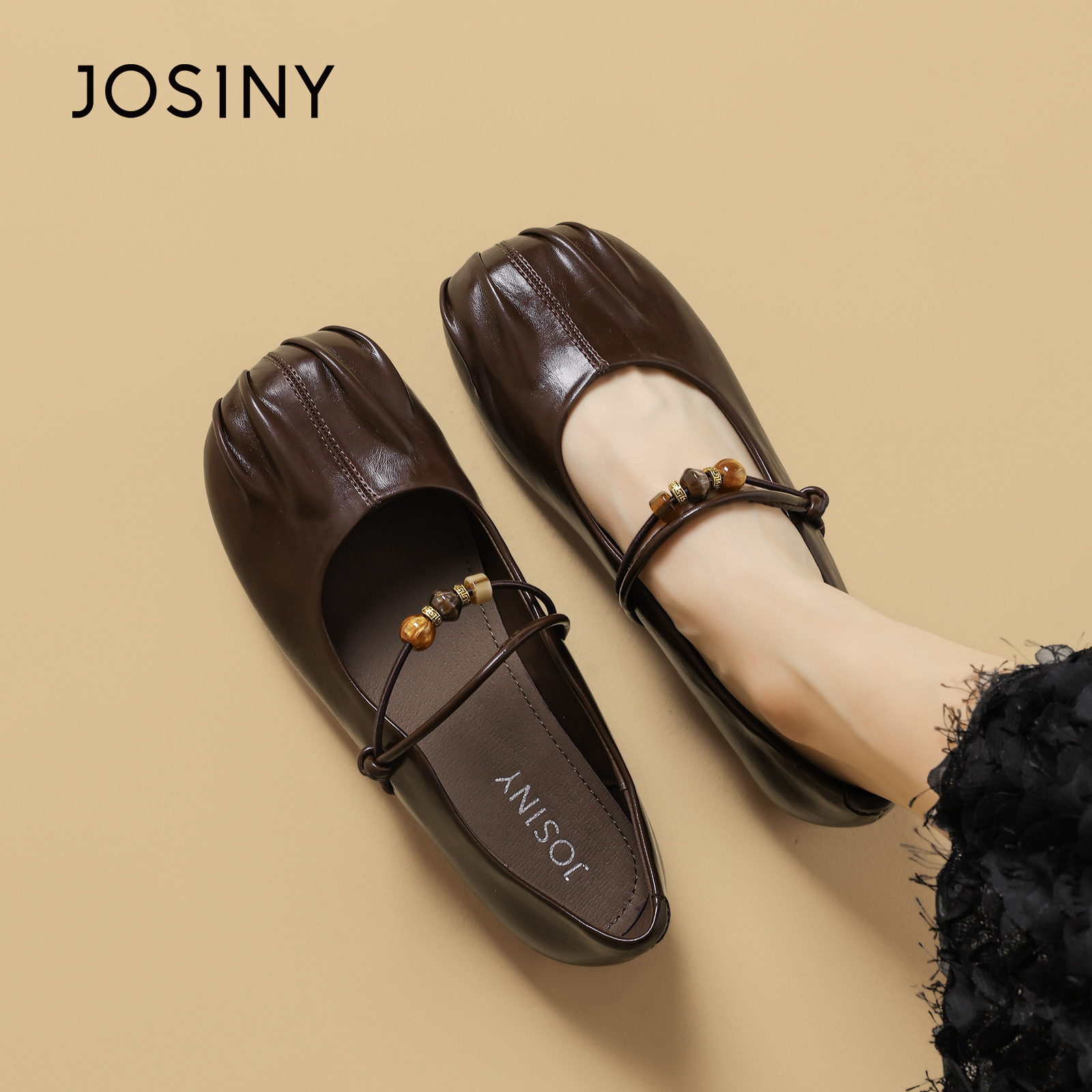 卓诗尼轻奢串珠玛丽珍女鞋2025夏季新款法式气质方头褶皱气质单鞋